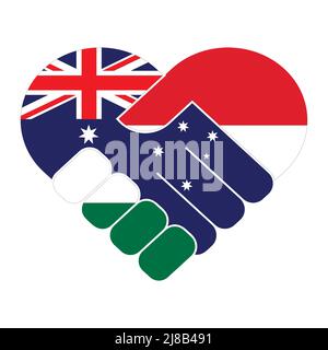 Symbole de poignée de main dans les couleurs des drapeaux nationaux de l'Australie et de la Hongrie, formant un coeur. Le concept de paix, d'amitié. Illustration de Vecteur