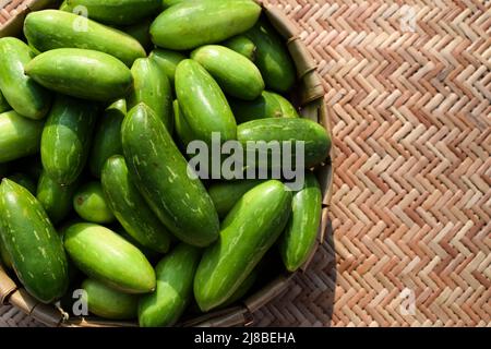 Gourdes d'Ivy ou de scarlet connu sous le nom de Tindora ou Ghola, légumes verts du climat tropical légumes asiatiques indiens vue de dessus.Légumes dans le panier Banque D'Images