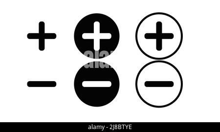 Ensemble d'icônes plus et moins. Illustration plate modifiable en noir et blanc Illustration de Vecteur