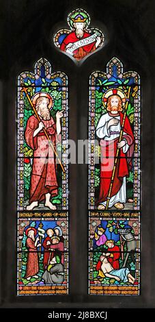 Vitraux de Frederick Preedy représentant Christ et Jean-Baptiste, le bon Samaritain et John prêchant, Église Fladbury, Worcestershire Banque D'Images