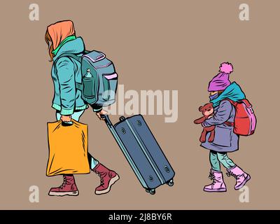 Les enfants sont des réfugiés ou des touristes. La famille part avec ses effets personnels et ses bagages. Pop Art Retro Vector Illustration 50s 60s Kitsch style vintage Illustration de Vecteur