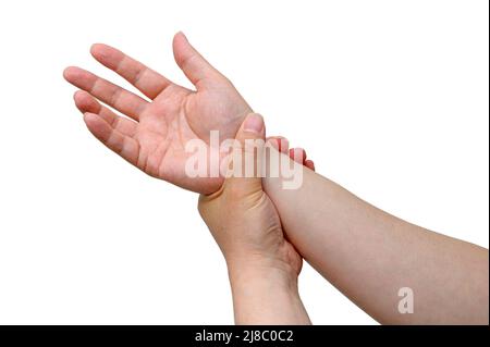 Un homme s'est enroulé autour de son poignet en raison de douleurs au poignet. Causes de la polyarthrite rhumatoïde, syndrome du canal carpien, goutte. Concept de soins de santé et de médecine. Banque D'Images