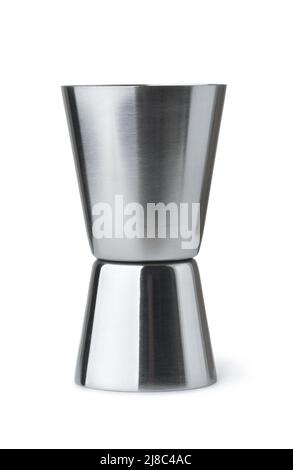 Vue avant du gabarit à cocktail double face en acier inoxydable isolé sur le blanc Banque D'Images