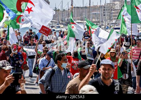 Les manifestants branle des drapeaux algériens pendant la manifestation. Des centaines de membres de la diaspora algérienne marchent à Marseille contre la dictature militaire dans leur pays. Banque D'Images