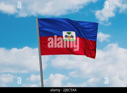 Drapeau national d'Haïti agitant dans le vent. Illustration fond ciel 3D Banque D'Images