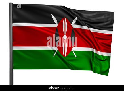 Drapeau national du Kenya qui agite dans le vent. Isolé sur fond blanc 3D illustration Banque D'Images