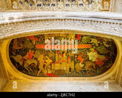 Peinture sur le plafond d'une alcôve dans la salle des Rois (Sala de los Reyes) dans les palais royaux de Nasrid - complexe de l'Alhambra - Grenade, Espagne Banque D'Images