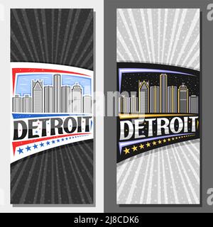 Mises en page verticales vectorielles pour Detroit, invitations décoratives avec illustration de ligne du paysage de ville de detroit sur fond de ciel de jour et de crépuscule, design d'art à Illustration de Vecteur