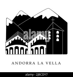 Capitales européennes, Andorre-la-Vieille. Illustration en noir et blanc Illustration de Vecteur