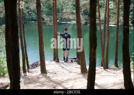 15 Mai 2022, Hessen, Mühlheim am main: Alex se dresse entre des conifères à Oberwaldsee et donne sur l'eau verte. En 1982, un paysage lacustre d'une superficie totale de plus de 61 hectares a été créé dans les anciennes carrières de basalte. Photo: Sebastian Gollnow/dpa Banque D'Images