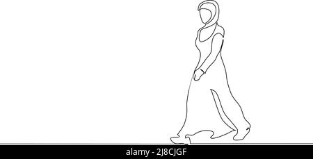 Hijab musulmane forte femme marchant. Mise en plan continue d'une ligne. Illustration vectorielle Illustration de Vecteur