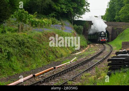 Royal Tunbridge Wells, Kent, Royaume-Uni. 15th mai 2022. La locomotive de classe Pacifique « sir Keith Park », numéro 34053 de la bataille de Grande-Bretagne, effectue ses derniers voyages de plaisir le long du chemin de fer historique de Spa Valley, un dimanche après-midi humide en mai, avant d'être retirée pour la remise en état de la chaudière. Crédit : Sarah Mott/Alay Live News Banque D'Images