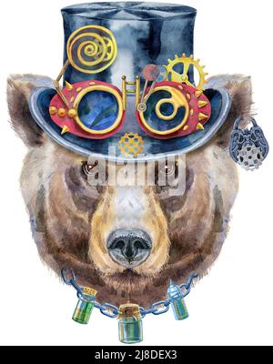 Porter le portrait avec un chapeau de steampunk et des lunettes de protection. Illustration de peinture d'ours brun aquarelle. Magnifique faune et flore Banque D'Images