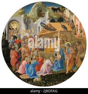 L'adoration des Mages par FRA Angelico et Filippo Lippi,. Dans ce mythe chrétien, trois sages hommes ou rois viennent visiter le nouveau-né jésus et le reconnaissent comme le messie et fils de dieu. Banque D'Images