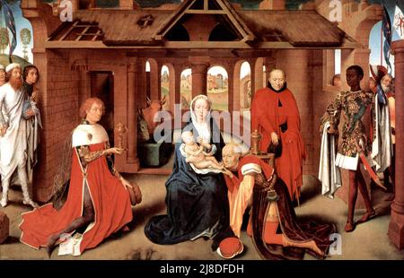 L'adoration des Mages par Hans Memling. Dans ce mythe chrétien, trois sages hommes ou rois viennent visiter le nouveau-né jésus et le reconnaissent comme le messie et fils de dieu. Banque D'Images