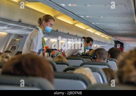 Larnaca, Chypre - 31 mai 2021 : l'hôtesse offre des boissons chaudes et froides aux passagers des avions affrété par l'Ukraine et à bas prix SkyUp Airli Banque D'Images