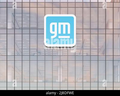 Detroit, MICHIGAN, États-Unis. 2 mai 2022. Usage éditorial seulement, 3D CGI. Logo de la General Motors Company sur le dessus du bâtiment en verre. Constructeur automobile à Hi Banque D'Images