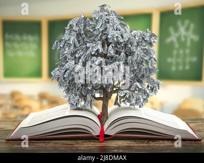 Arbre de l'argent croissant à partir du livre. L'apprentissage et l'éducation mènent à l'arrière-plan du concept de richesse. 3d illustration Banque D'Images
