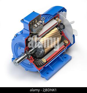 Coupe transversale du moteur électrique industriel. Pièces et structure de moteur électrique isolées sur fond blanc. 3d illustration Banque D'Images