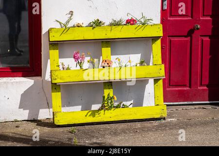 Palette peinte en jaune, parterre en palette Banque D'Images