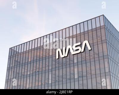 Washington, D.C., États-Unis. 2 mai 2022. Usage éditorial seulement, 3D CGI. Logo de la NASA sur le dessus du bâtiment en verre. Lieu de travail Aéronautique nationale et espace A Banque D'Images