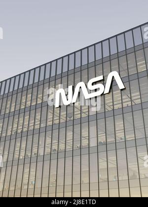 Washington, D.C., États-Unis. 2 mai 2022. Usage éditorial seulement, 3D CGI. Logo de la NASA sur le dessus du bâtiment en verre. Lieu de travail Aéronautique nationale et espace A Banque D'Images