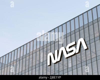 Washington, D.C., États-Unis. 2 mai 2022. Usage éditorial seulement, 3D CGI. Logo de la NASA sur le dessus du bâtiment en verre. Lieu de travail Aéronautique nationale et espace A Banque D'Images