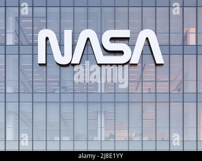 Washington, D.C., États-Unis. 2 mai 2022. Usage éditorial seulement, 3D CGI. Logo de la NASA sur le dessus du bâtiment en verre. Lieu de travail Aéronautique nationale et espace A Banque D'Images