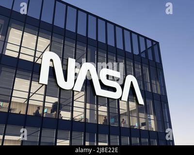 Washington, D.C., États-Unis. 2 mai 2022. Usage éditorial seulement, 3D CGI. Logo de la NASA sur le dessus du bâtiment en verre. Lieu de travail Aéronautique nationale et espace A Banque D'Images