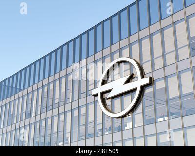 Russelsheim, Allemagne. 2 mai 2022. Usage éditorial seulement, 3D CGI. Logo Opel Company sur le dessus du bâtiment en verre. Bureau du constructeur automobile de véhicules sur le lieu de travail Banque D'Images