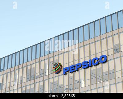 Achat, Harrison, NY, États-Unis. 2 mai 2022. Usage éditorial seulement, 3D CGI. Logo PepsiCo sur le dessus du bâtiment en verre. Bureau de la société de produits alimentaires sur le lieu de travail Hea Banque D'Images