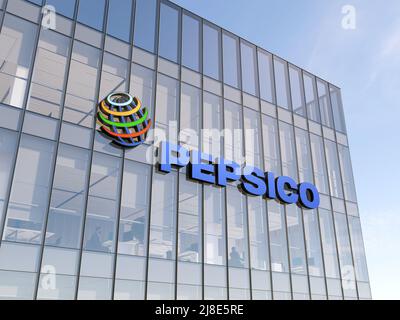 Achat, Harrison, NY, États-Unis. 2 mai 2022. Usage éditorial seulement, 3D CGI. Logo PepsiCo sur le dessus du bâtiment en verre. Bureau de la société de produits alimentaires sur le lieu de travail Hea Banque D'Images