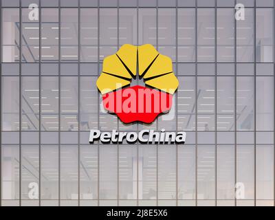 Pékin, Chine. 2 mai 2022. Usage éditorial seulement, 3D CGI. Logo PetroChina sur le dessus du bâtiment en verre. Siège social du bureau de la société de gaz du lieu de travail Banque D'Images