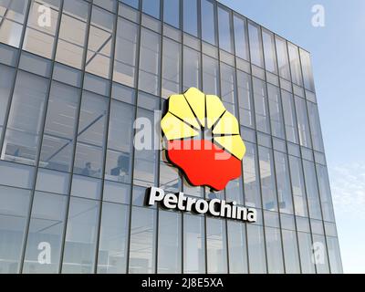 Pékin, Chine. 2 mai 2022. Usage éditorial seulement, 3D CGI. Logo PetroChina sur le dessus du bâtiment en verre. Siège social du bureau de la société de gaz du lieu de travail Banque D'Images