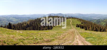 Vue depuis les montagnes de Beskid - frontière avec la Pologne et la Slovaquie, montagnes des Carpates Banque D'Images