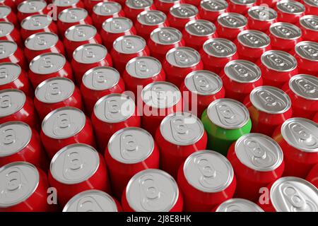 Une canette de soda verte parmi d'autres canettes rouges. 3d illustration. Banque D'Images