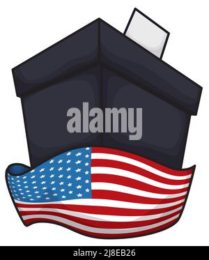 Boîte de scrutin noire avec vote enveloppé de patriotisme, orvant le drapeau des États-Unis. Design de style dessin animé sur fond blanc. Illustration de Vecteur