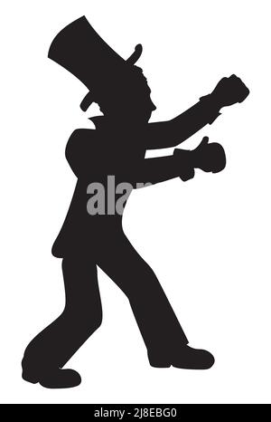 Élégante silhouette noire de gentleman, levant son poing, portant un chapeau haut et des gants de boxer. Illustration de Vecteur