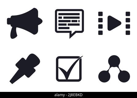 Ensemble de silhouettes avec différents médias pour partager des nouvelles: Mégaphone, microphone, symbole de partage, contrôle carré, bulle de parole et icône vidéo. Illustration de Vecteur