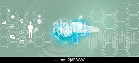 Recherche et rétablissement sur les maladies du pancréas des organes internes humains. Palette de modèles turquoise, espace de copie pour le texte. Banque D'Images