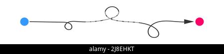 Ligne courbe avec flèche de direction entre les points de départ et d'arrivée. Chemin difficile, chemin chaotique, chemin dur, symbole de défi isolé sur fond blanc. Illustration vectorielle plate. Illustration de Vecteur