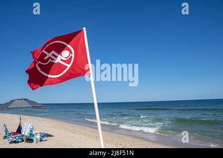 Icône rouge et blanc sans baignade sur un drapeau de plage qui a surpiqué dans le sable de la plage avec l'eau de l'océan et des vagues derrière lui Banque D'Images