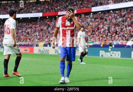 Madrid, Espagne. 15th mai 2022. Koke de l'Atletico de Madrid réagit lors d'un match de football espagnol de la Liga entre l'Atletico de Madrid et le Sevilla FC à Madrid, Espagne, le 15 mai 2022. Credit: Gustavo Valiente/Xinhua/Alamy Live News Banque D'Images