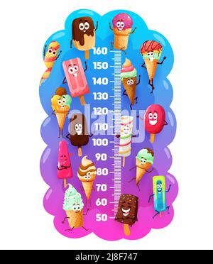 Tableau des hauteurs pour enfants avec personnages de dessin animé de crème glacée, compteur de croissance vectoriel. Règle de mesure pour enfant avec desserts glacés à la crème glacée à base de dessins animés. Glace au chocolat et aux fruits. eskimo et gaufre, cuillère à caramel Illustration de Vecteur