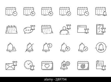 Icônes de rappel, de calendrier, de planificateur et de contour d'alarme des calendriers vectoriels, des horloges, des sonneries de notification et des nouveaux messages. Symboles isolés de la date, de l'heure, du rendez-vous, du nouveau message et de l'ordre du jour de l'événement Illustration de Vecteur