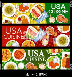 USA cuisine restaurant repas et plats bannières. Côtes grillées, salade cobb et olives marinées au Chili, haricots au bacon, chiens de maïs et biscuits au chocolat, poulet barbecue, hot dogs Vector Illustration de Vecteur