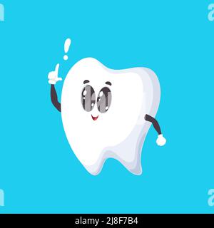 Émoticône de comique mignon de dent humaine avec point d'exclamation isolé. Emblème de clinique dentaire Vector, implantation des dents et hygiène buccale. Sourire sain, carie dentaire et prévention de la cavité, blanchiment Illustration de Vecteur