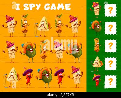 Caricature mexicaine personnages de nourriture, I SPY jeu feuille de travail. Les enfants vectoriels s'éverseront avec des personnages de tex mex tamale, avocat, enchilada, burrito et jalapeno Pepper mariachi jouant des maracas et chantant Illustration de Vecteur