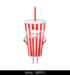 Drôle de personnage de dessin animé de tasse de soda, vecteur boisson carbonatée mascotte drôle avec les bras akimbo et visage souriant. Mug en papier à rayures avec couvercle en paille et en plastique. Boisson à emporter isolée sur blanc Illustration de Vecteur