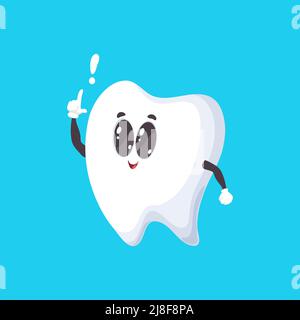 Émoticône de comique mignon de dent humaine avec point d'exclamation isolé. Emblème de clinique dentaire Vector, implantation des dents et hygiène buccale. Sourire sain, carie dentaire et prévention de la cavité, blanchiment Illustration de Vecteur
